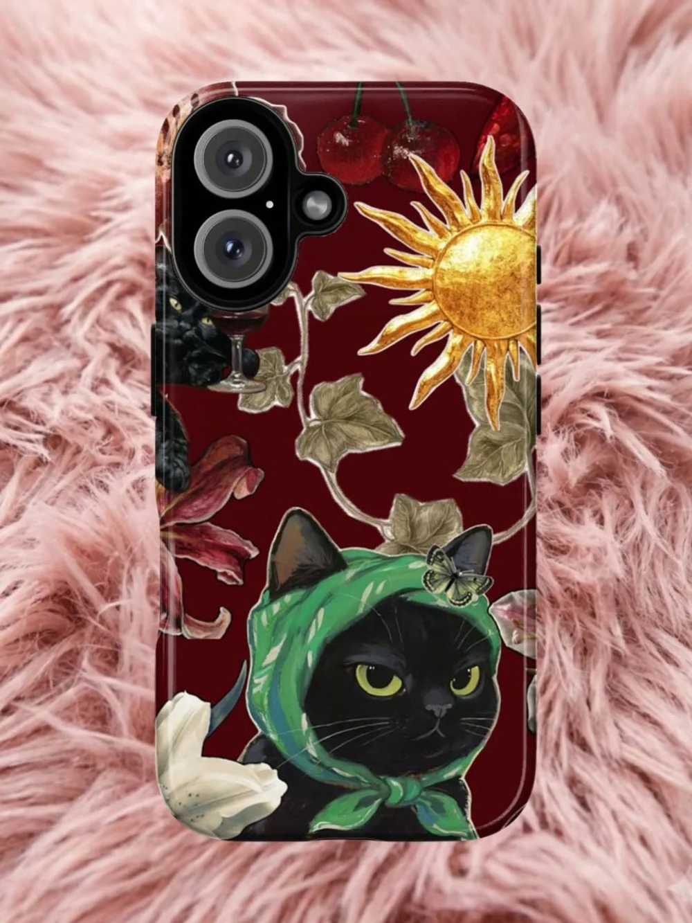 Black Cat Floral Phone Case in Burgundy with Green Scarf